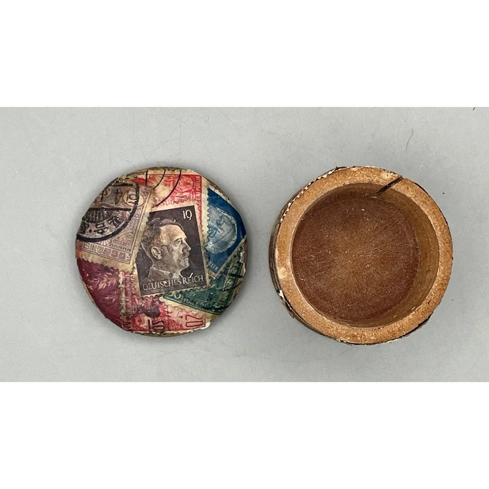 Vtg Decoupage Wooden Stamp Box International Philately Folk Art Trinket Jar 2